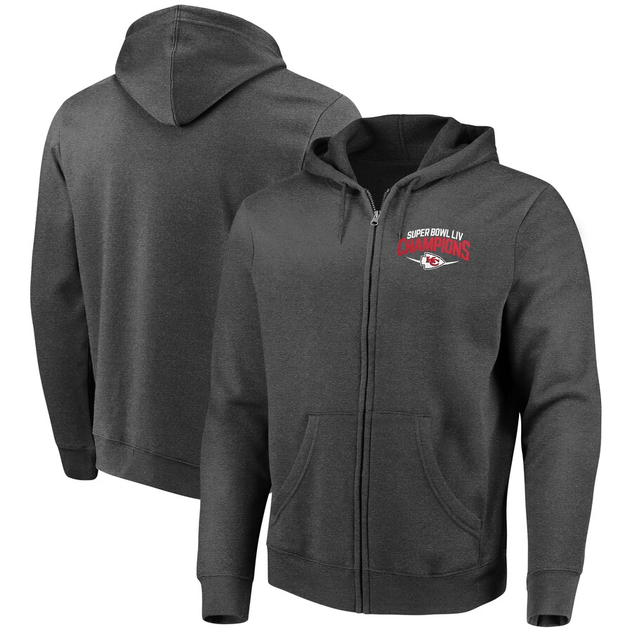 Men Kansas City Chiefs NFL Pro Line by Fanatics Branded Super Bowl LIV Champions Replay FullZip Hoodie Heather Charcoal